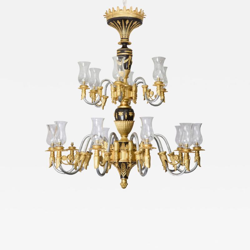Large French Empire Style Gilt and Patinated Bronze Chandelier