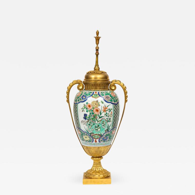 Large French Gilt Bronze Ormolu Mounted Chinese Famille Verte Porcelain Vase