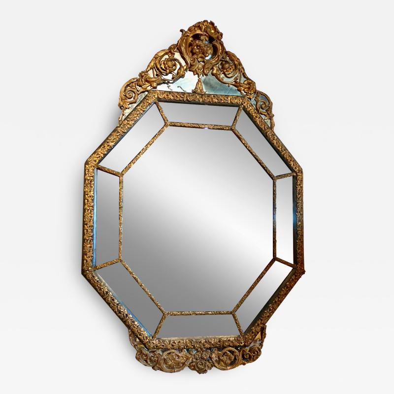Large French Octagonal Brass Repousse Mirror