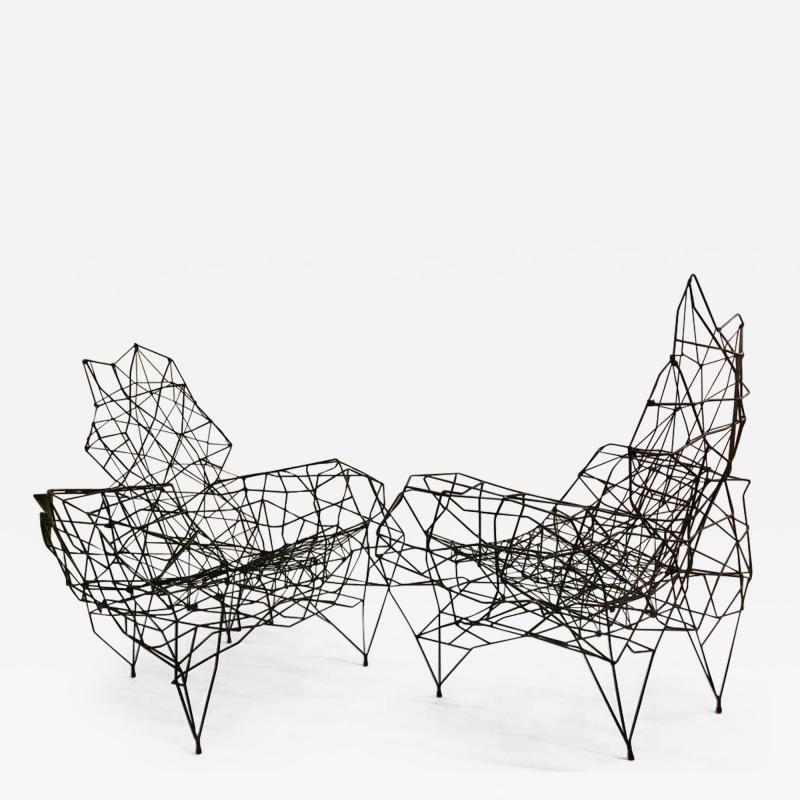 Large French Wrought Iron Rope Sculpture Lounge Chairs Style of Ron Arad Pair