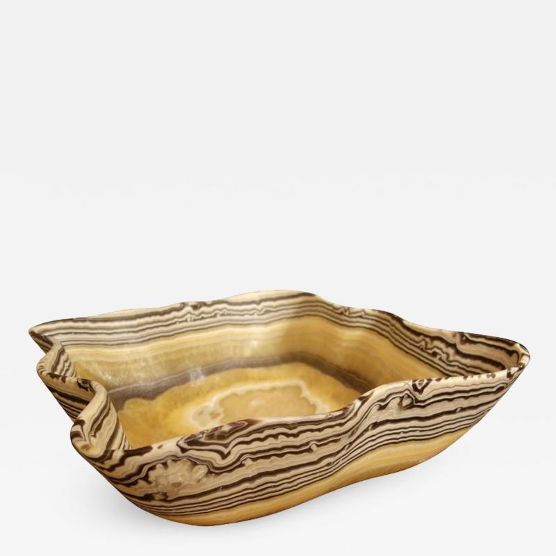 Large Hand Carved Onyx Bowl or Centerpiece in Gold Gray and White