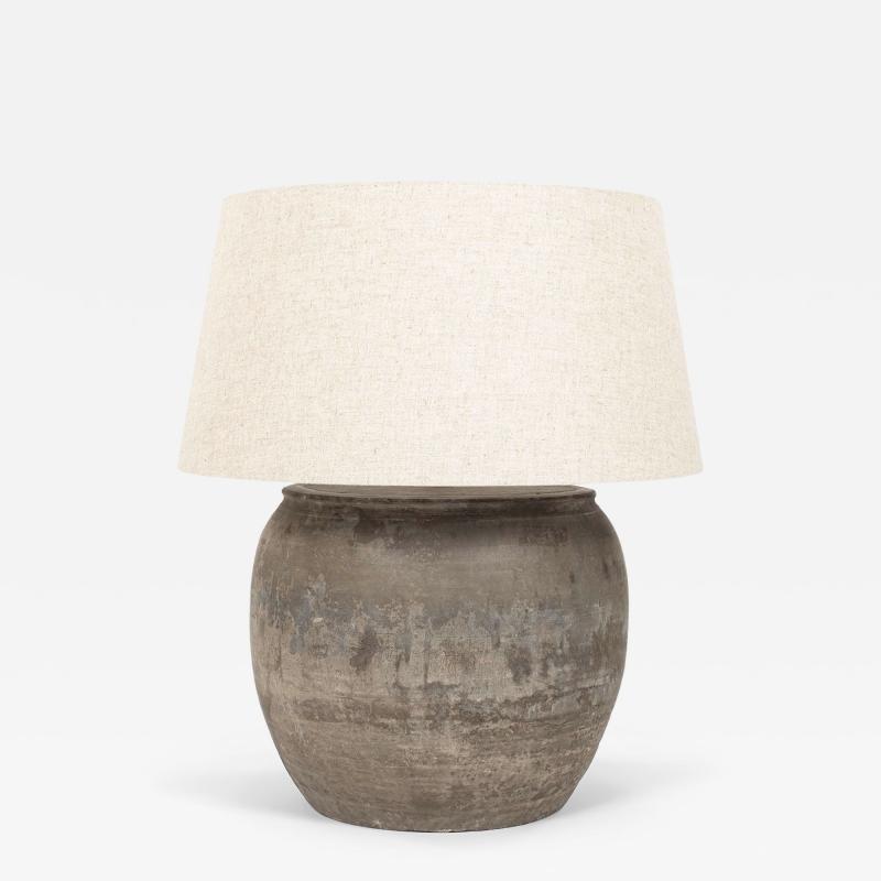 Large Handmade Ceramic Lamp with Linen Shade