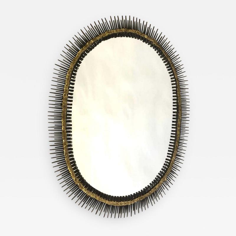 Large Handmade Mid Century Modern Sunburst Steel Brass Wall Mirror by Bela