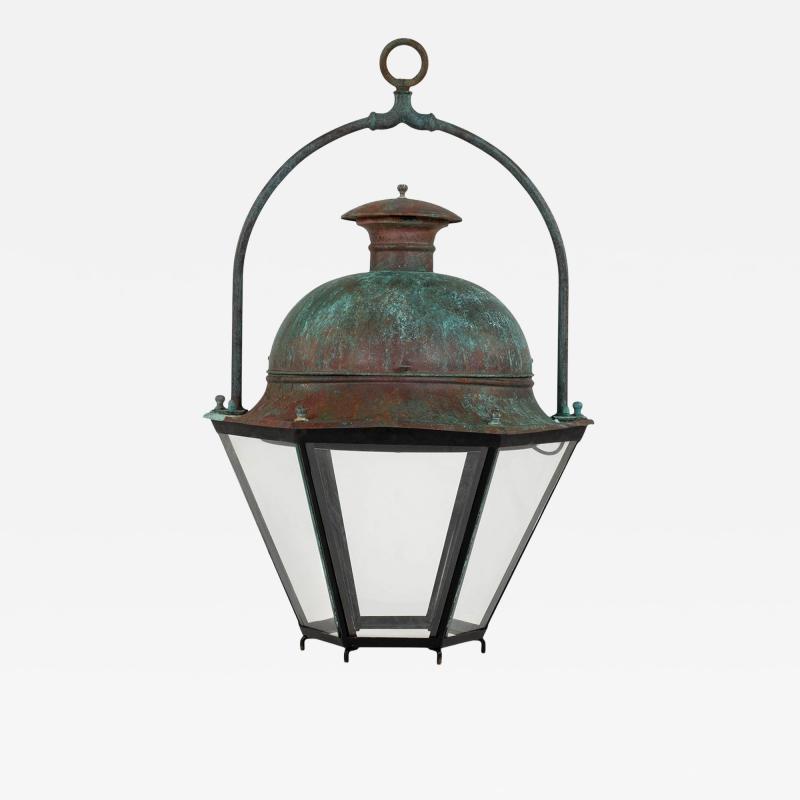 Large Hexagonal Glass Paneled Domed Verdigris Green Copper Lantern