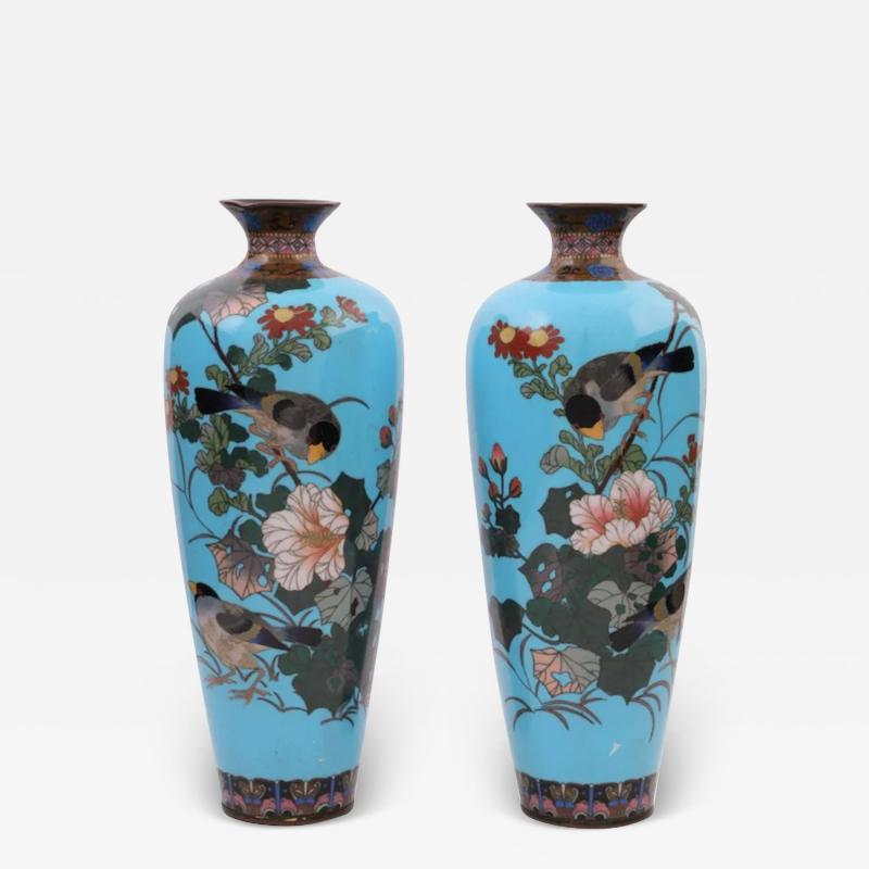 Large High Quality Antique Japanese Cloisonne Enamel Meiji Vases with Birds