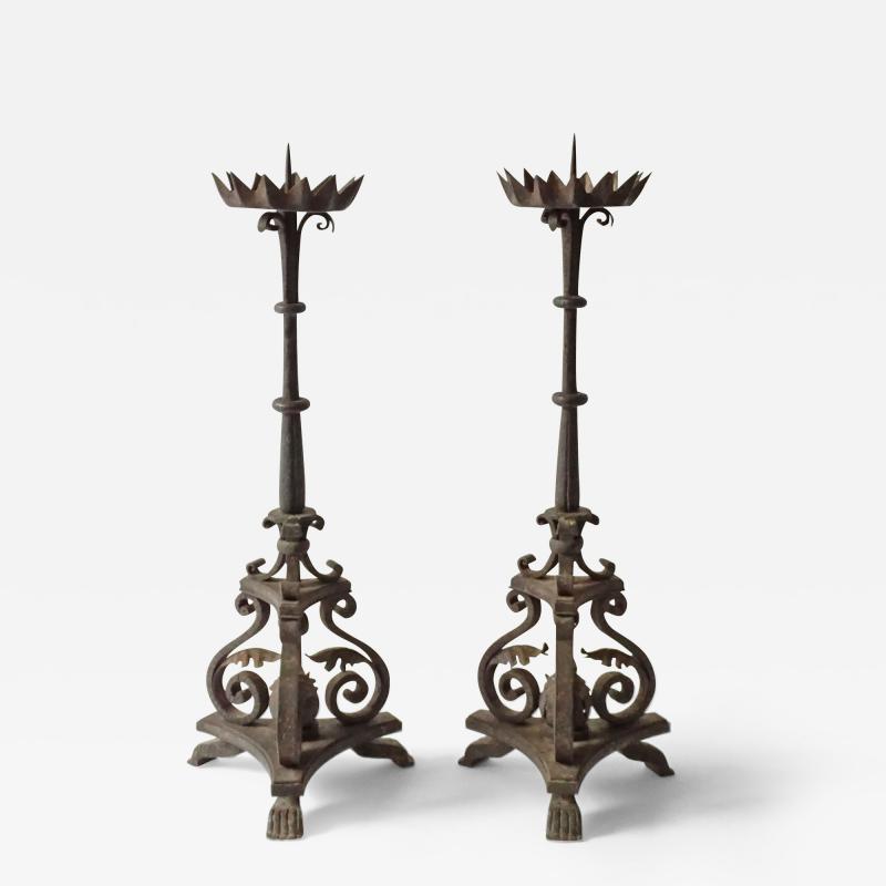 Large Italian 19th Century Hand Crafted Wrought Iron Candlesticks