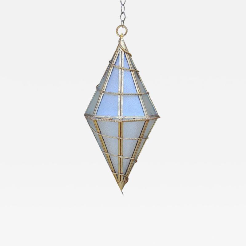 Large Italian Glass and Gilt Metal Geometric Hanging Lantern