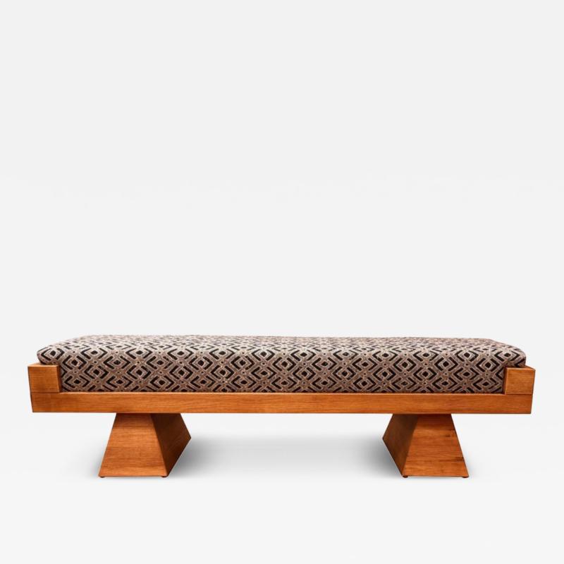 Large Italian oakwood bench with fine Aztec pattern upholstery