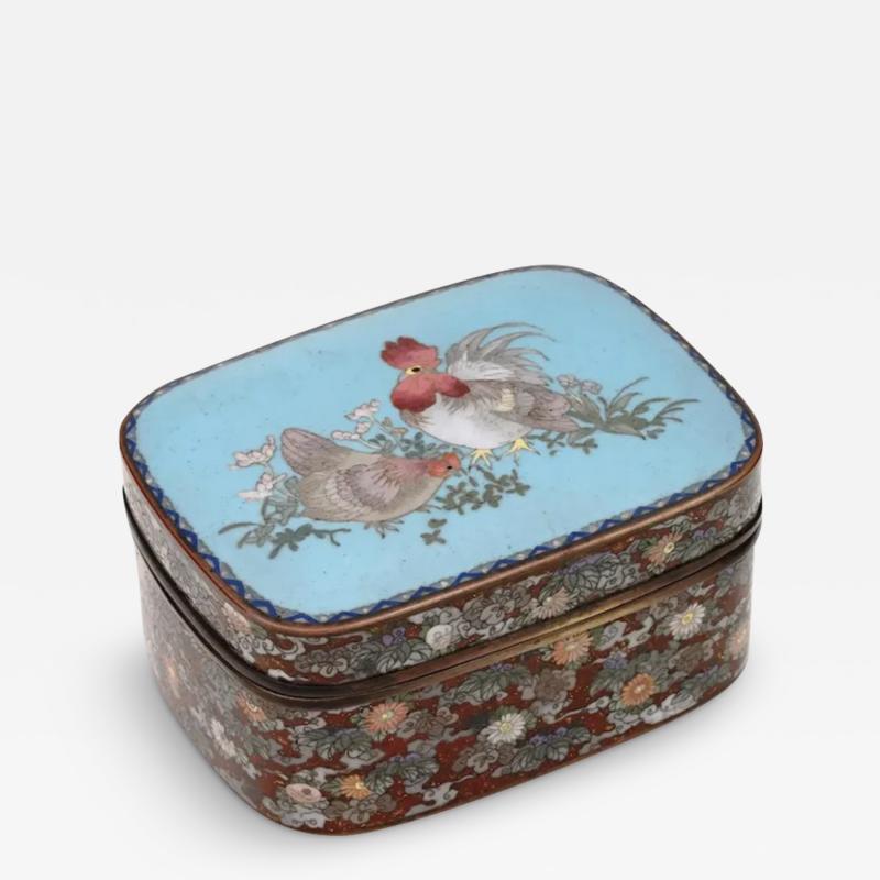 Large Japanese Cloisonne Enamel Goldstone Meiji Box with Roosters