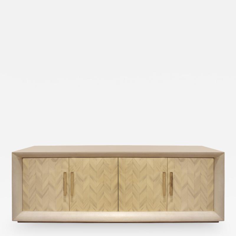 Large Lacquered Linen Credenza with Herringbone Lacquer Doors 1970s