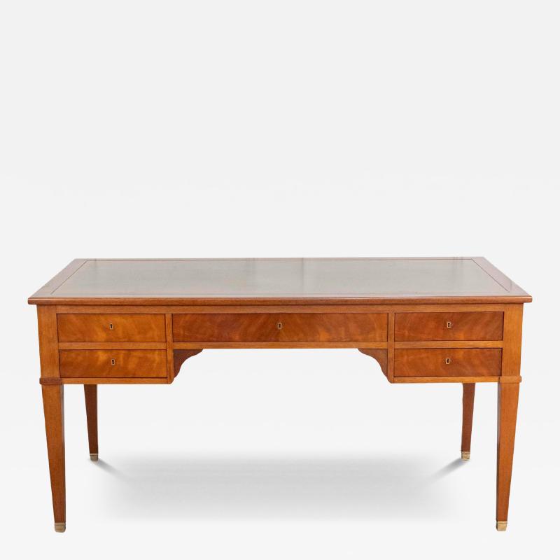 Large Louis XVI Style Mahogany Double Sided Flat Desk with Green Leather Top