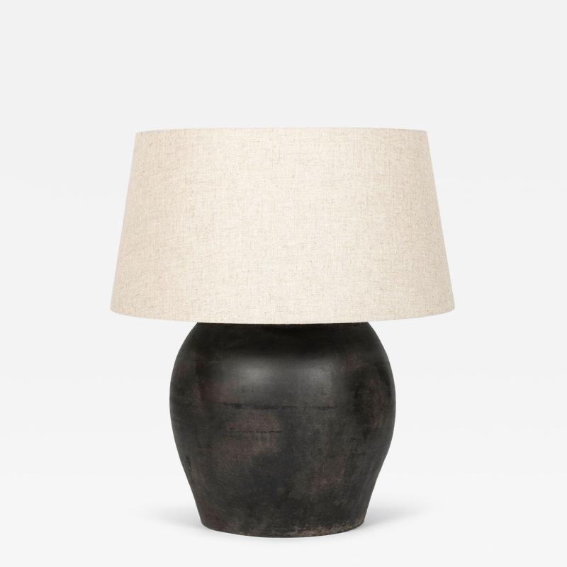 Large Matte Black Pottery Lamp with Linen Drum Shade