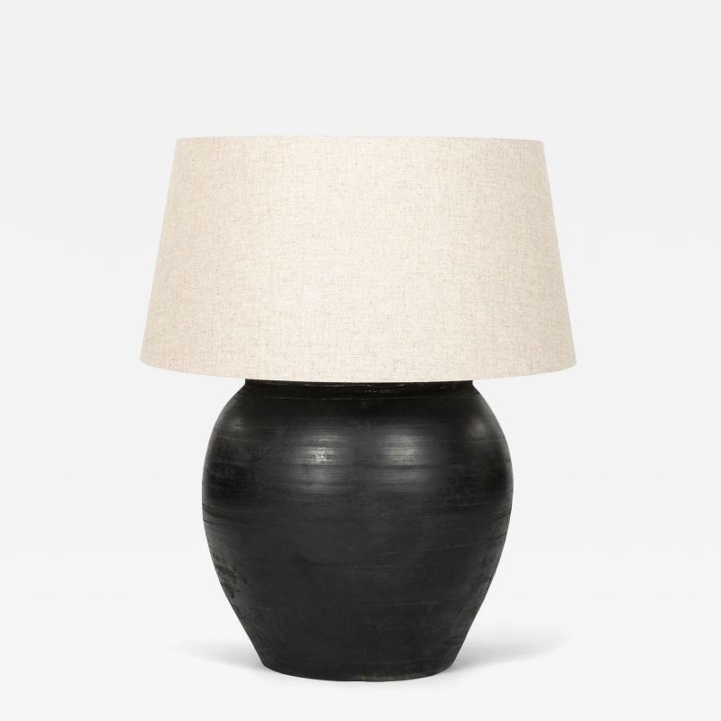 Large Matte Black Pottery Lamp with Linen Drum Shade