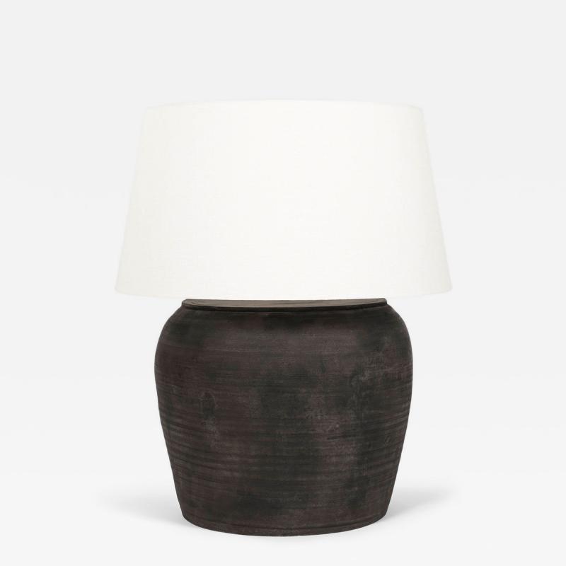 Large Matte Black Pottery Lamp with Linen Drum Shade