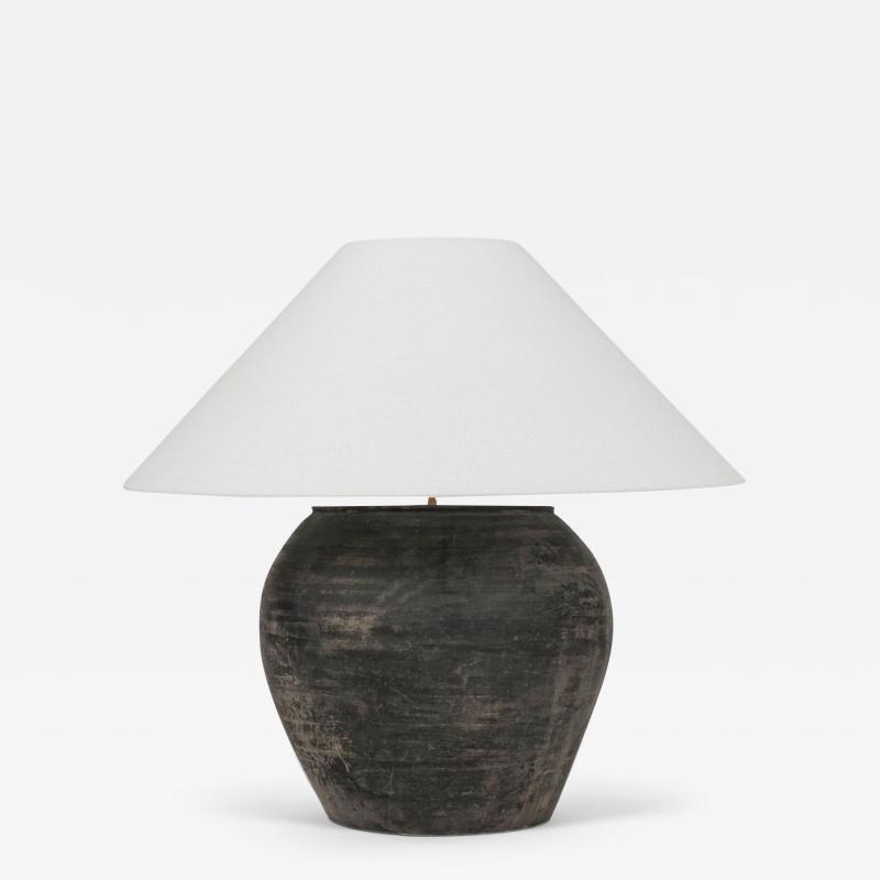 Large Matte Black Unglazed Lamp with Flared White Linen Coolie Shade