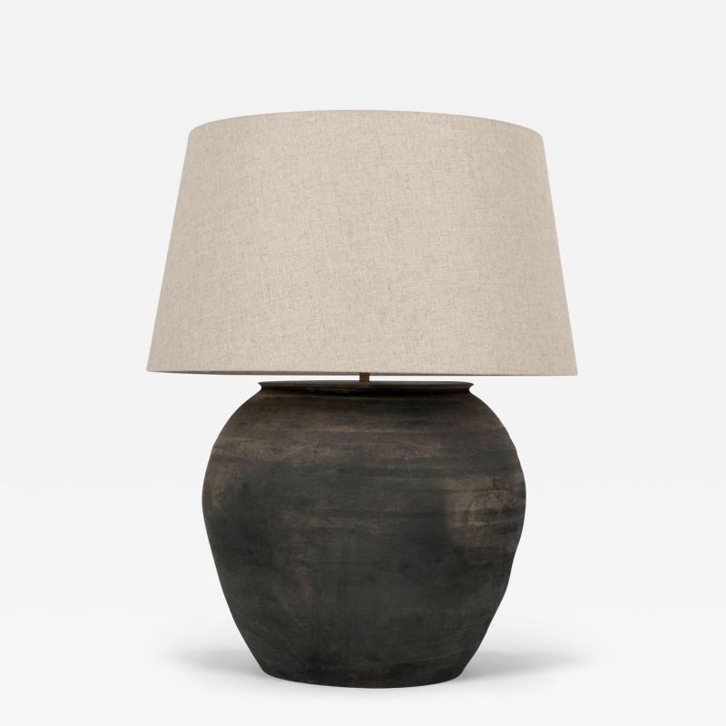Large Matte Black Unglazed Lamp with Natural Color Linen Drum Shade