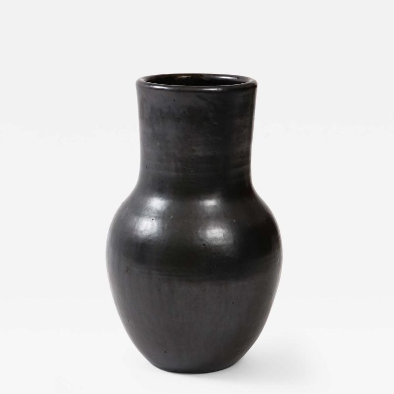 Large Matte Black Vallauris Vase with Glaze France c 1950 Signed BIOT