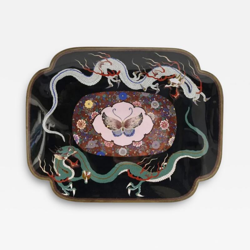 Large Meiji Japanese Cloisonne Enamel Dueling Dragons Pink Butterfly Tray