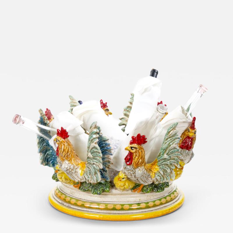 Large Mid 20th Century Italian Oval Rooster Polychrome Six Bottle Wine Cooler