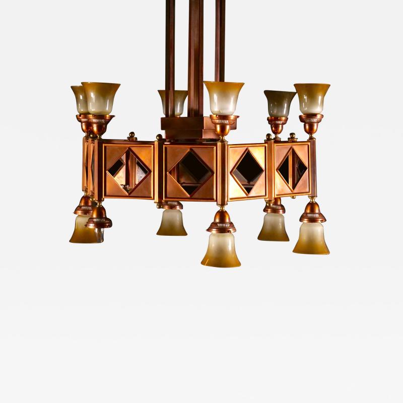 Large Mid Century Art Deco Style Copper Brass 12 Light Chandelier