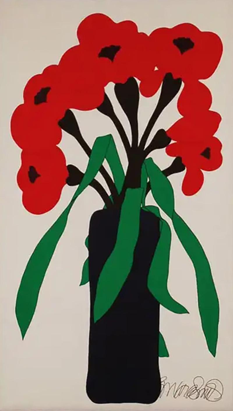 Large Midcentury Abstract Modern Art Floral Print on Fabric