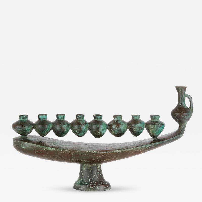 Large Modernist Patinated Bronze Hanukkah Menorah by Daniel Kafri