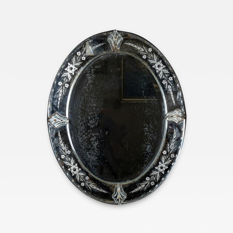 Large Oval Venetian Etched Mercury Glass On Glass Mirror Italy Circa 1880