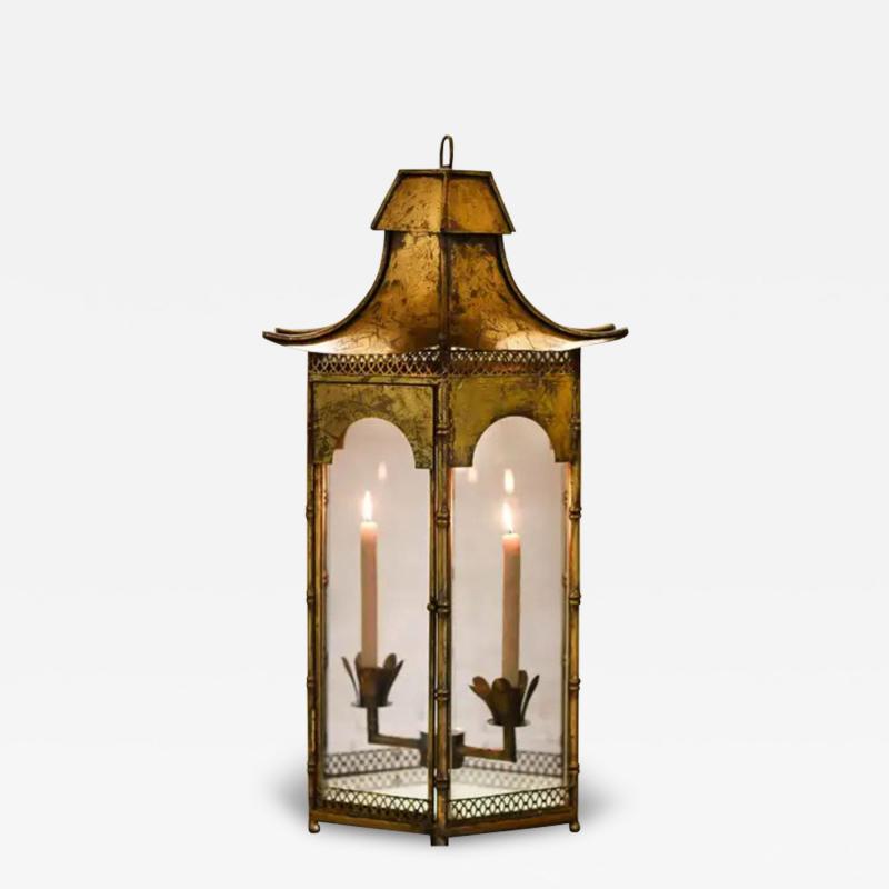 Large Pagoda shaped French lantern in golden metal from the 1970s
