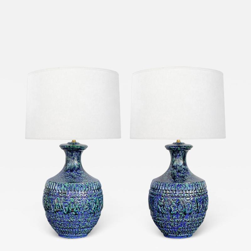 Large Pair 1960s Blue Teal Drip Glaze Bulbous form Lamps with Textured Surface