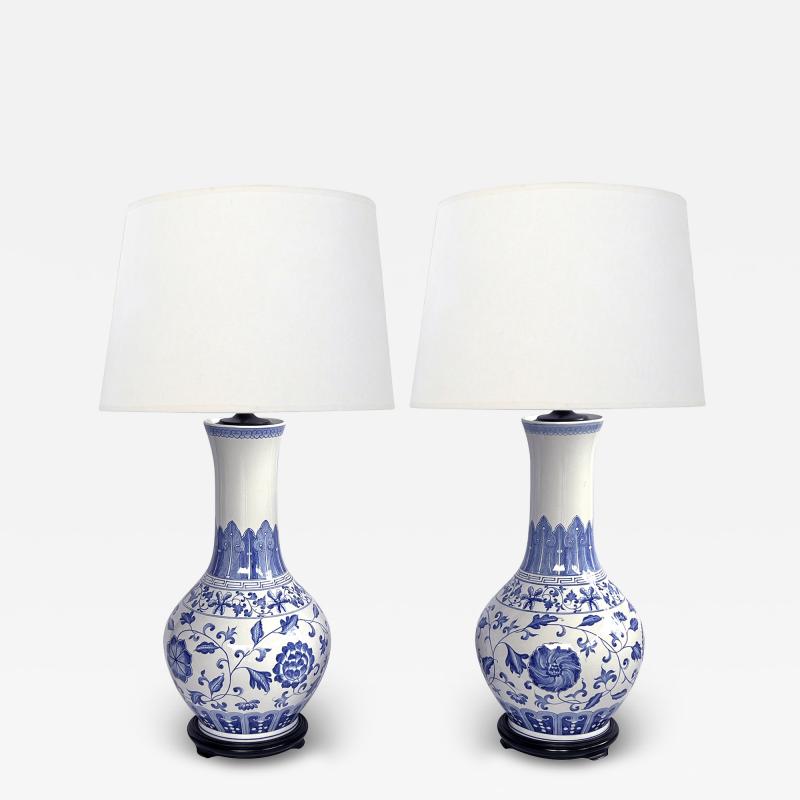 Large Pair Chinese Blue White Bottle form Lamps