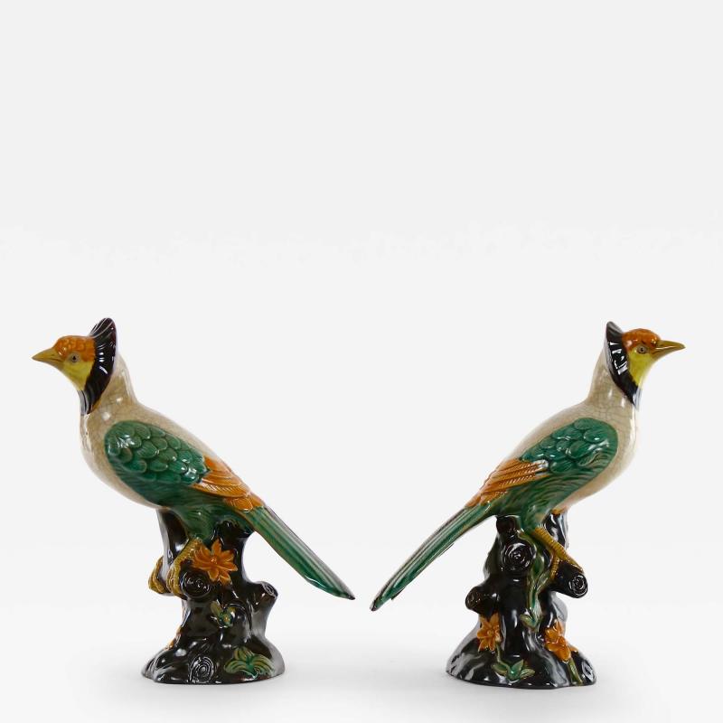 Large Pair English Glazed Porcelain Terracotta Birds Statues