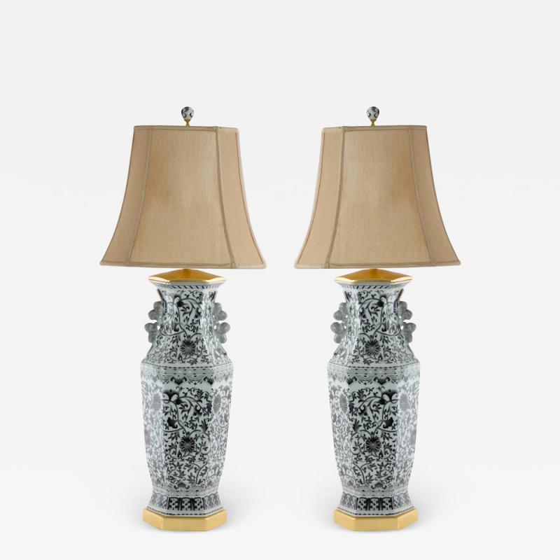 Large Pair Glazed Tapestry Porcelain Gilt Base Table Lamps