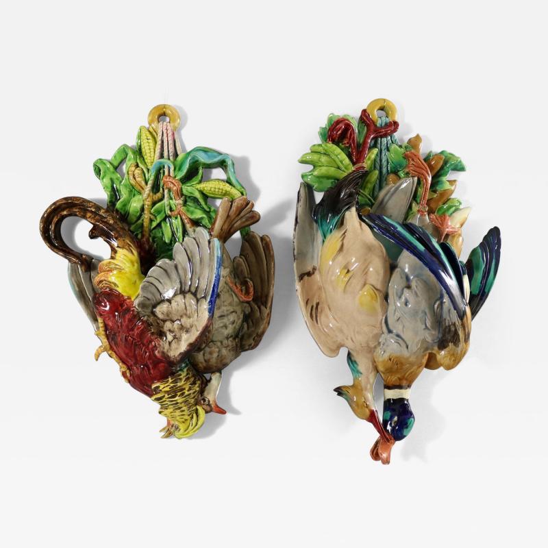 Large Pair Majolica Game Birds Wall Pockets