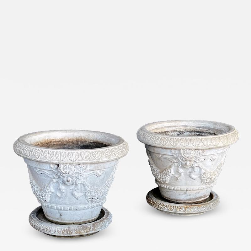 Large Pair Neoclassical Style Cast Stone Planters with Undertrays
