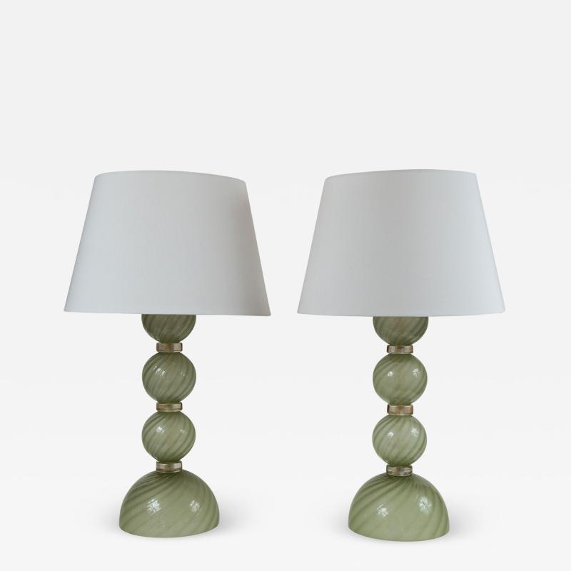 Large Pair Of Artisan Blown Pale Green Swirl Lamps Contemporary