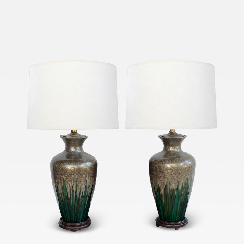 Large Pair Vintage Textured Iridescent Glazed Lamps with Emerald Green Striation