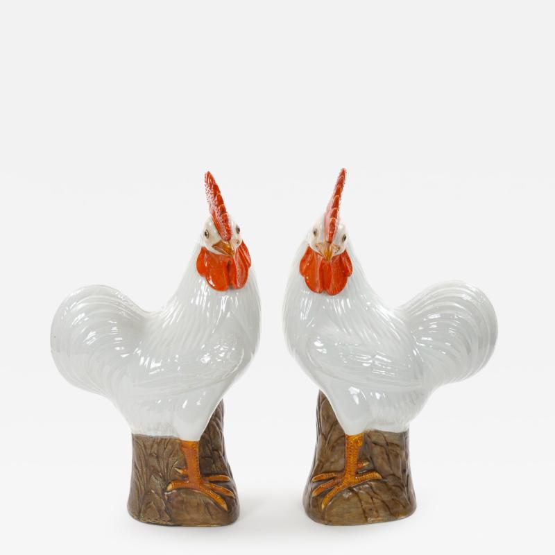 Large Pair of 1930s Chinese Porcelain Rooster Figures Polychrome Decoration