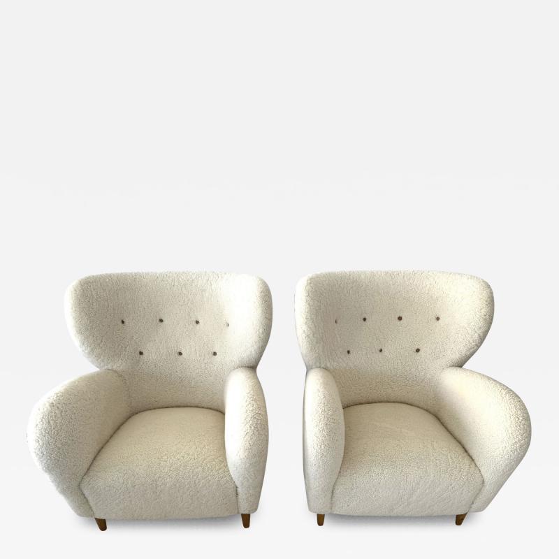 Large Pair of 1940s Scandinavian Sheepskin Shearling Lounge Chairs