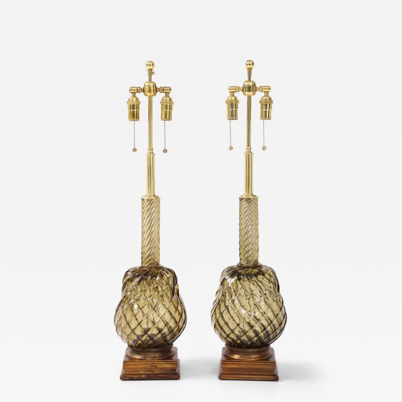 Large Pair of 1950s Murano Smoked Amber Glass Pineapple Lamps