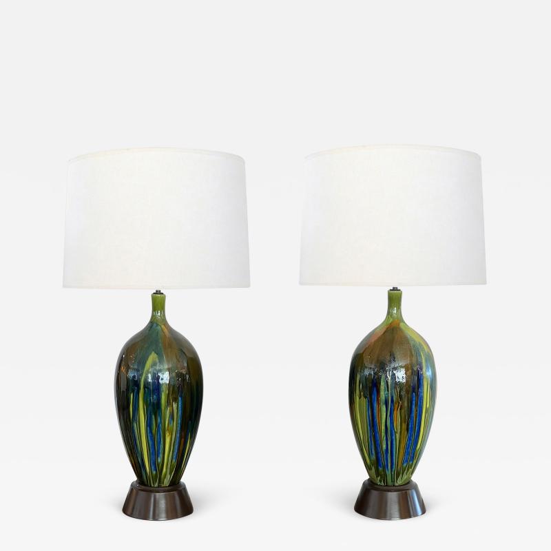 Large Pair of American 1960s Drip glaze Ovoid Lamps