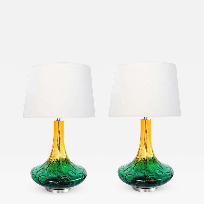 Large Pair of American 1970s Yellow and Green Art Glass Lamps