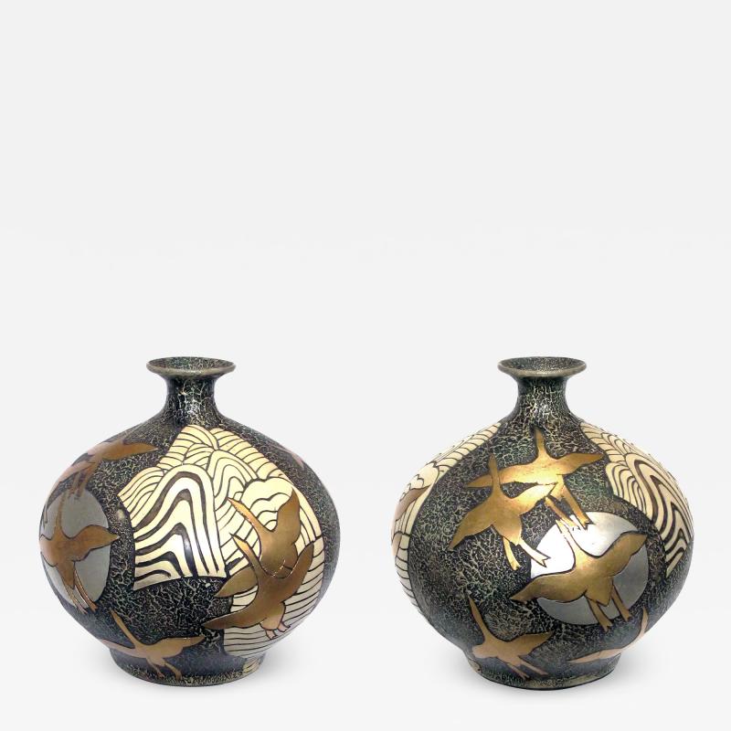 Large Pair of Asian inspired 1960s Ceramic Vases Adorned with Stylized Birds