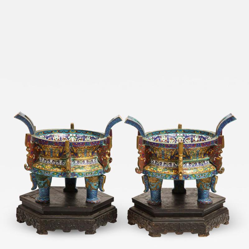 Large Pair of Chinese Cloisonne Enamel Planters on Wood Stands