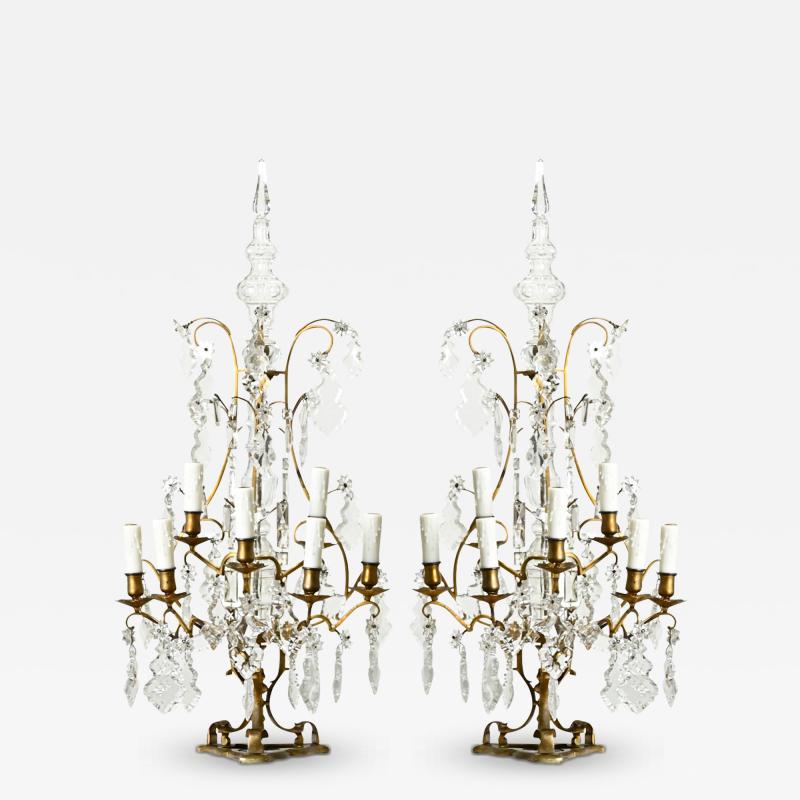 Large Pair of French Brass Crystal Girandoles