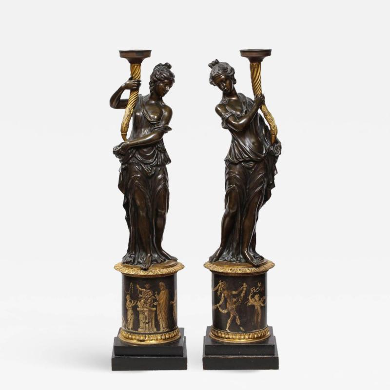 Large Pair of French Gilt and Patinated Bronze Figural Candleholders