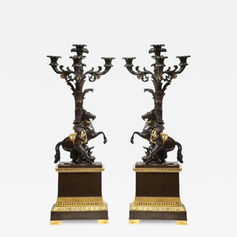 Large Pair of French Restauration Ormolu and Patinated Bronze Candelabra Horses