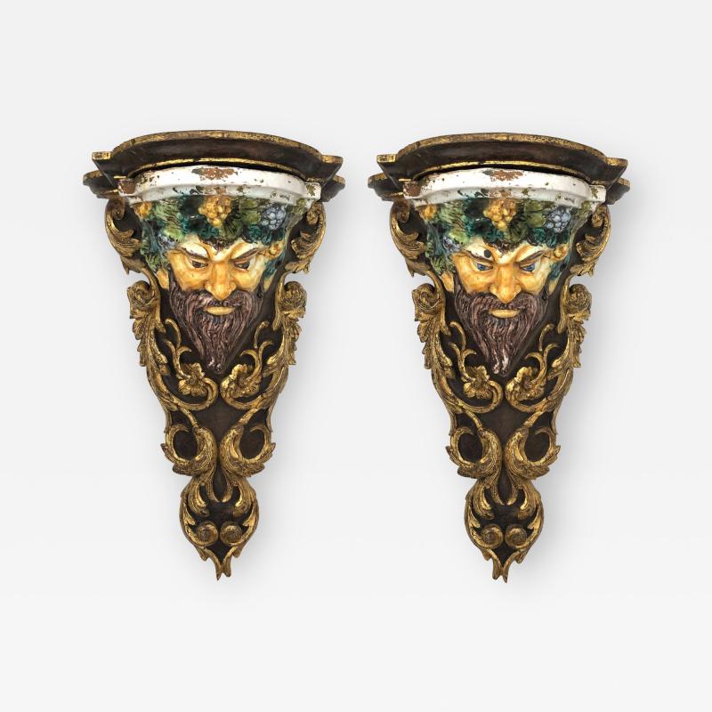 Large Pair of Italian Baroque Style Majolica Bacchus Corbels Brackets