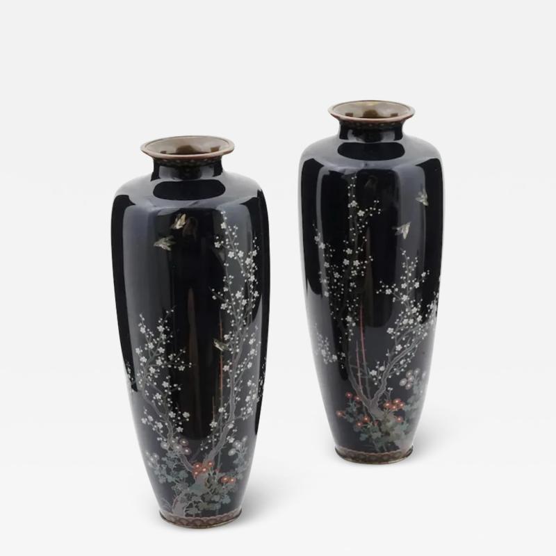 Large Pair of Japanese Cloisonn Enamel Vases of Birds Flying