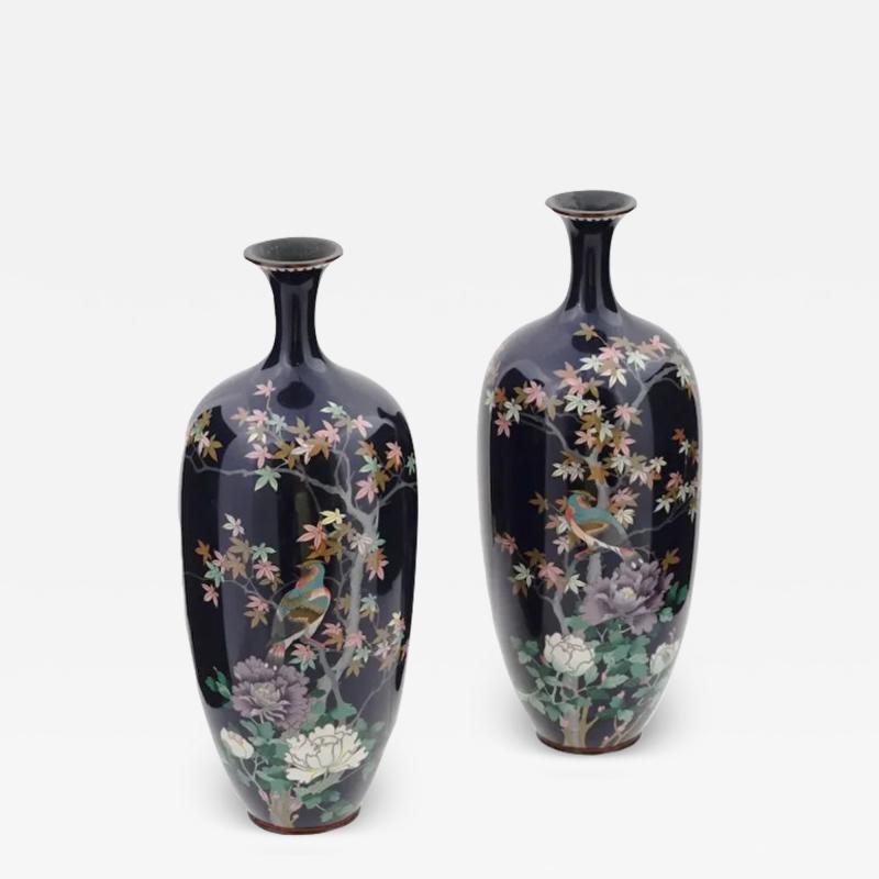 Large Pair of Meiji Japanese Cloisonne Enamel Vase of Birds in a Garden