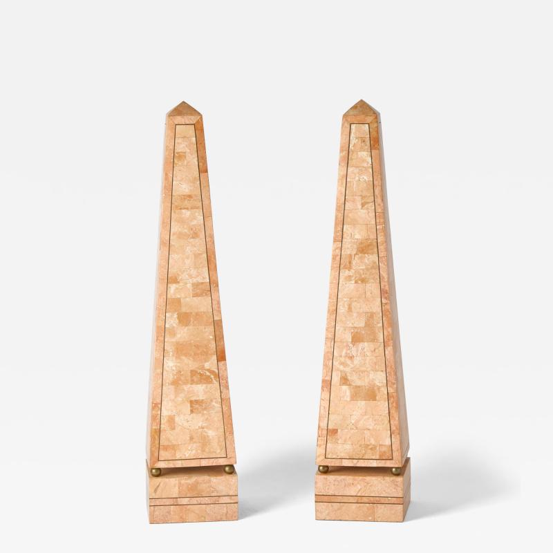 Large Pair of Mid 20th Century Pink Salmon Tessellated Stone Obelisks